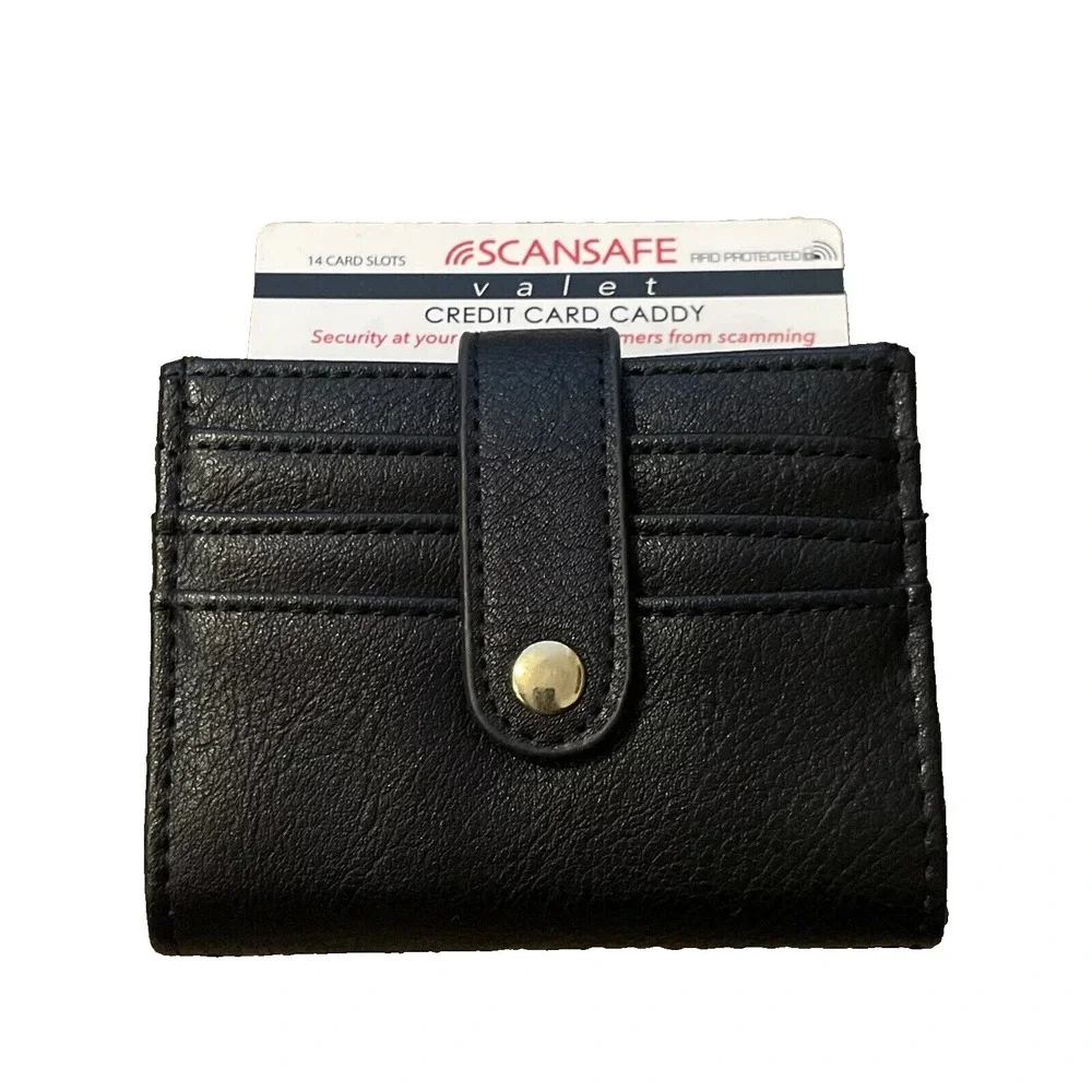 ScanSafe Valet Credit Card Caddy RFID Protection Wallet 14 Slots Leather Black #